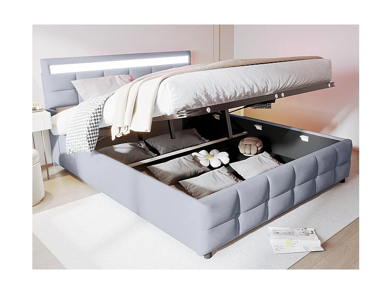 180 x 200 cm großes Stauraumbett aus Samt – mit LED und Lattenrost – Grau