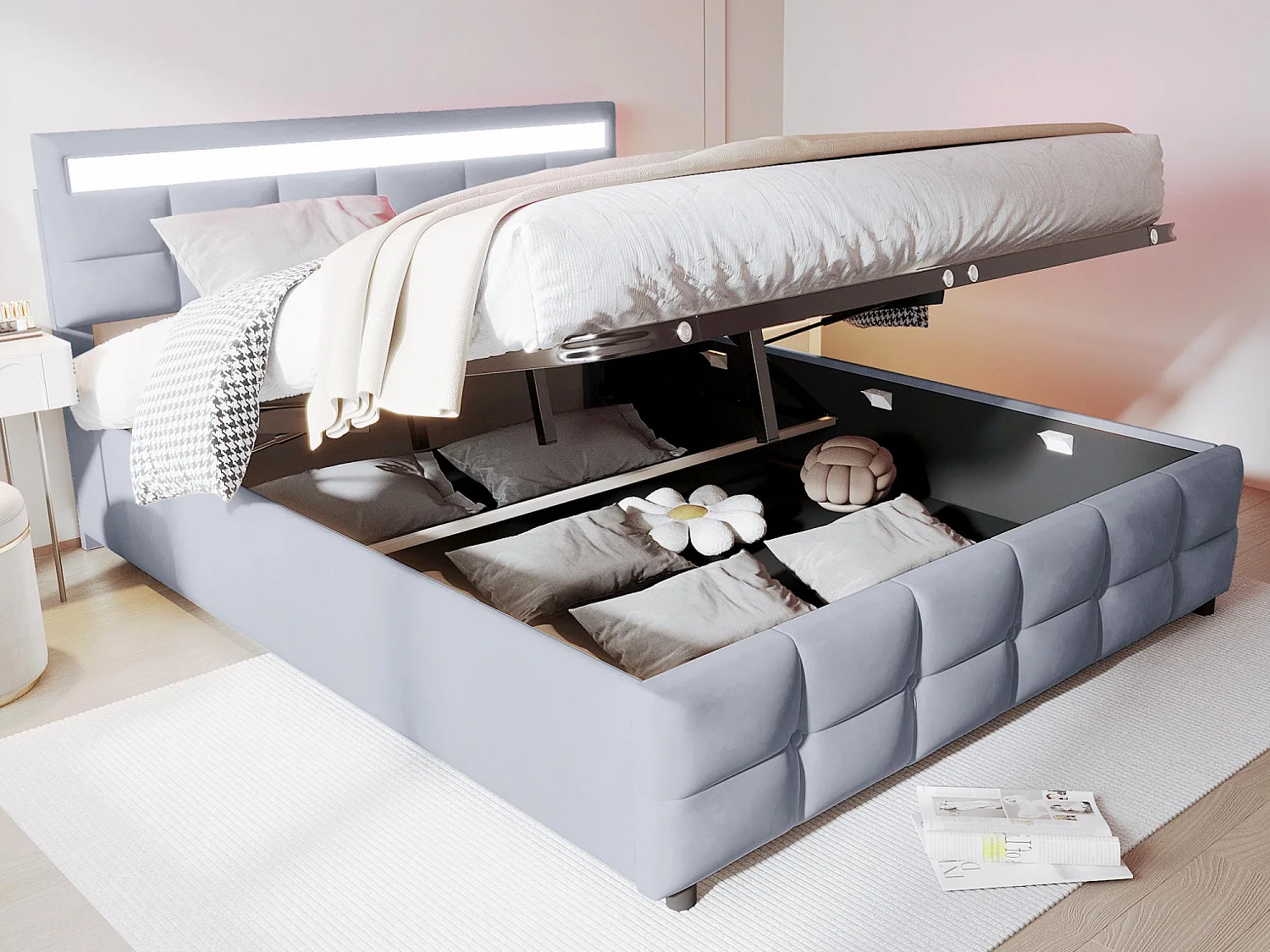 Lit coffre 180x200cm en velours - avec LED et sommier à lattes - Gris