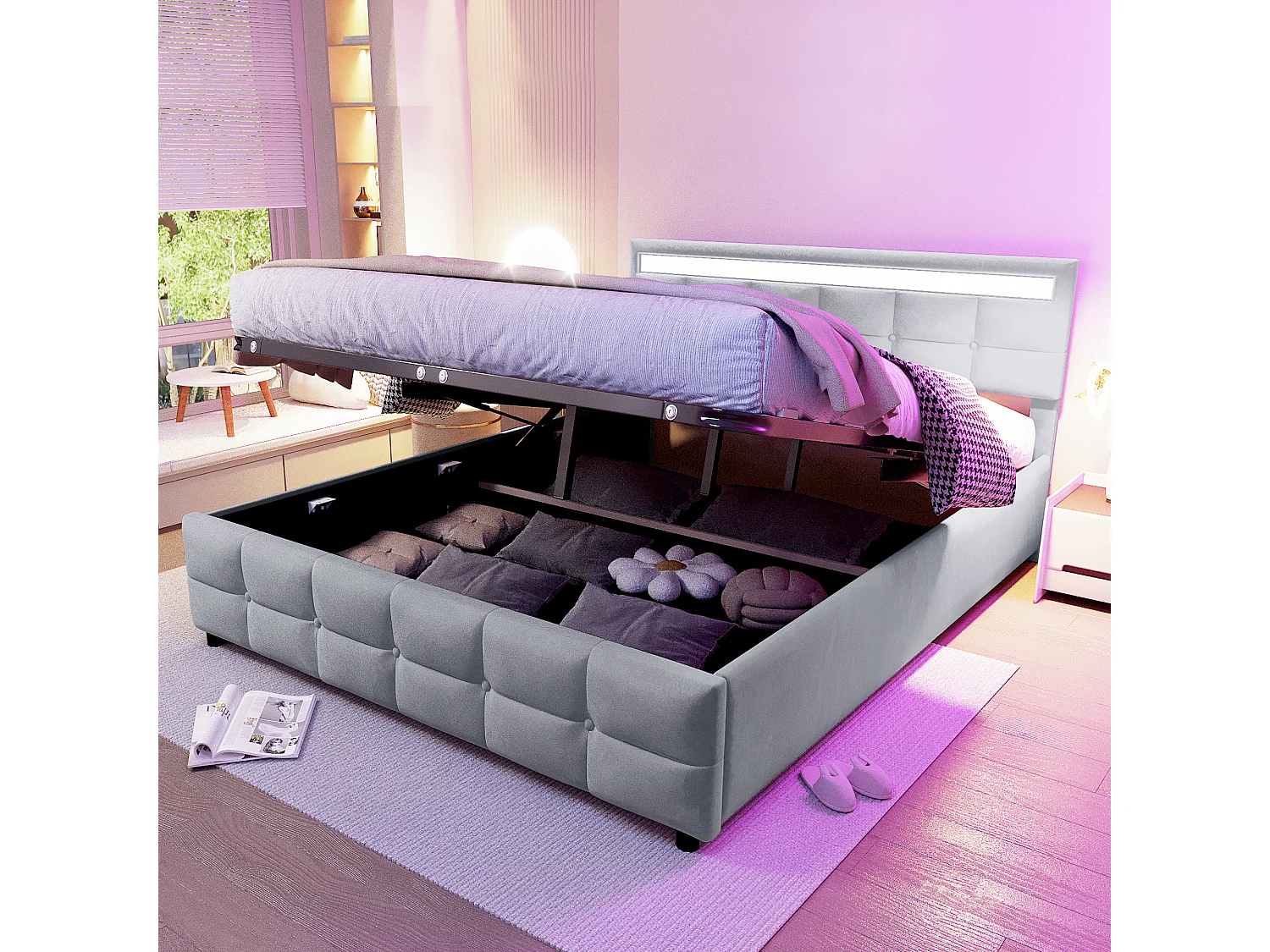 Lit coffre 180x200cm en velours - avec LED et sommier à lattes - Gris