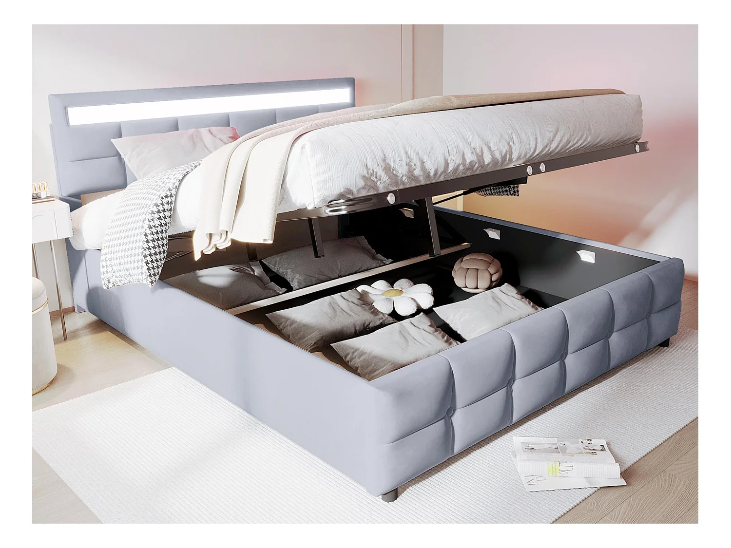 Lit coffre 180x200cm en velours - avec LED et sommier à lattes - Gris
