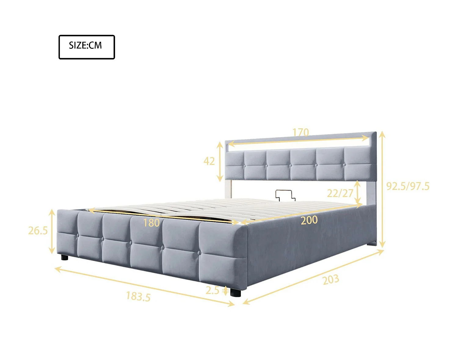 Lit coffre 180x200cm en velours - avec LED et sommier à lattes - Gris