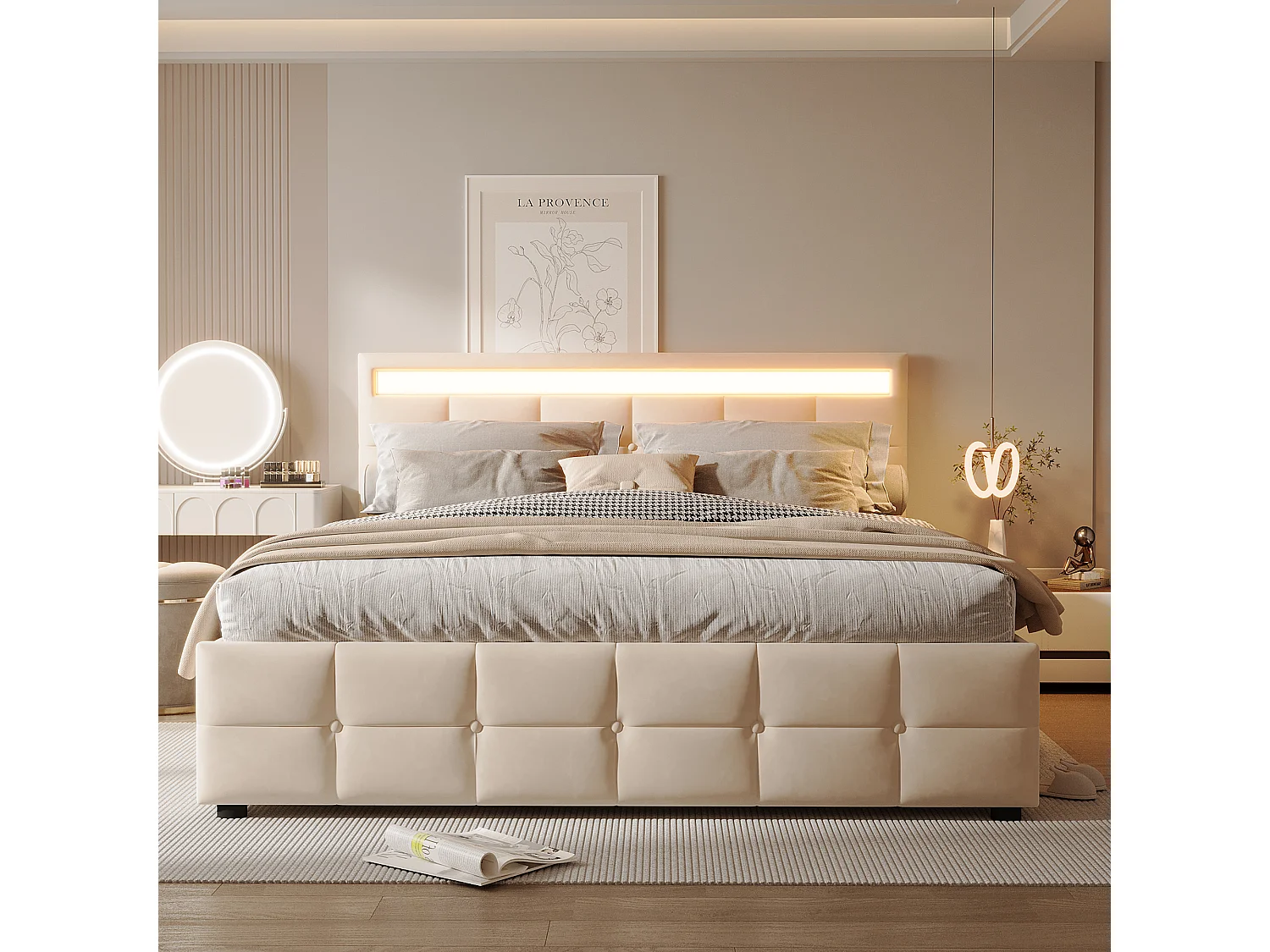 Lit coffre 180x200cm en velours - avec LED et sommier à lattes - Beige