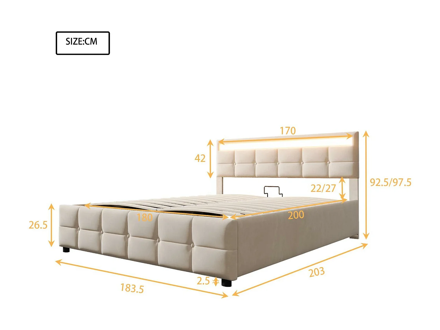 Lit coffre 180x200cm en velours - avec LED et sommier à lattes - Beige