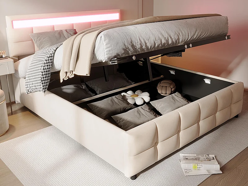 Lit coffre 180x200cm en velours - avec LED et sommier à lattes - Beige