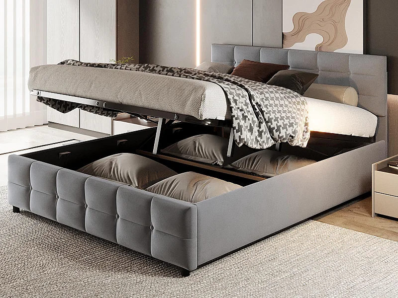 180 x 200 cm großes Stauraumbett aus Samt – mit Lattenrost – Grau