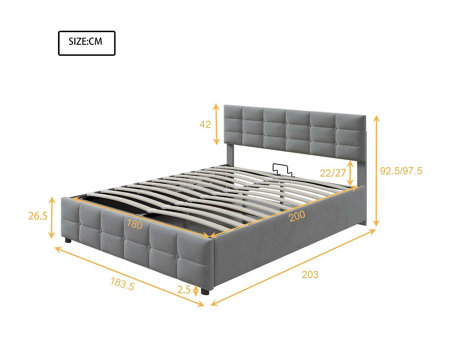 180 x 200 cm großes Stauraumbett aus Samt – mit Lattenrost – Grau