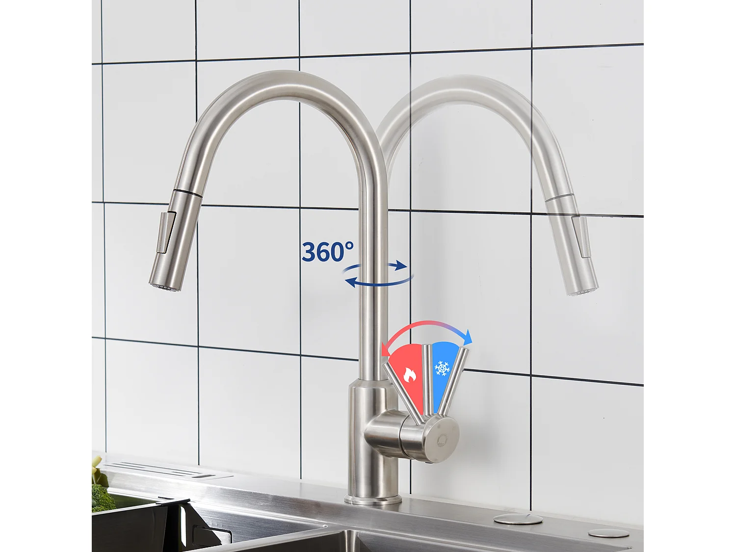 Cecipa max Mitigeur de Cuisine avec Douchette Extractible -  en Acier Inoxydable Brossé Mitigeur Cuisine d'Évier - 2 modes de sortie d'eau,EU Modèle