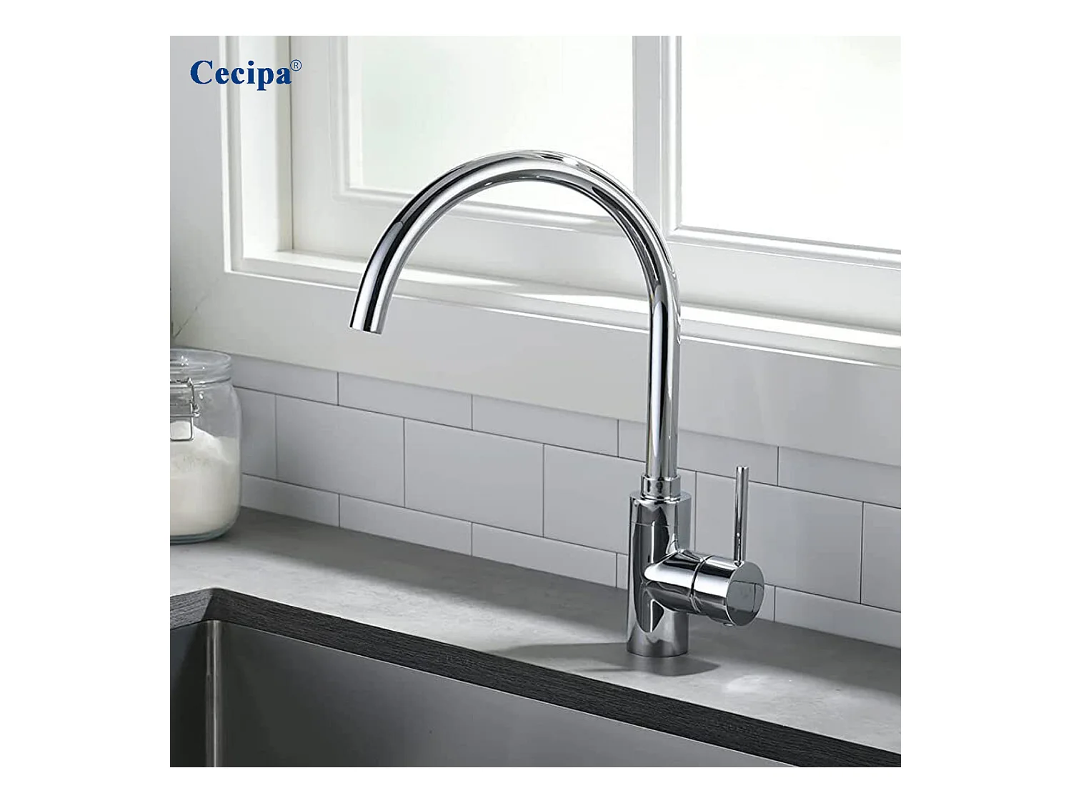 Cecipa max Mitigeur de Cuisine Monocommande Chrome, Robinet Évier en Acier Inox , Robinetterie Rotatif à 360°,EU Modèle