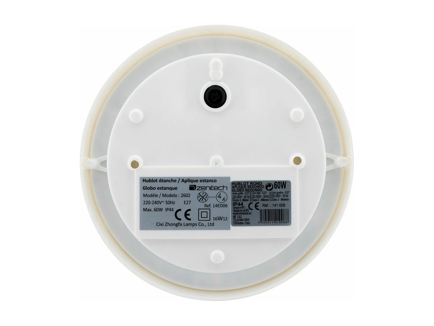 Hublot rond 60W avec grille IP44 E27 Classe II - Blanc - Zenitech