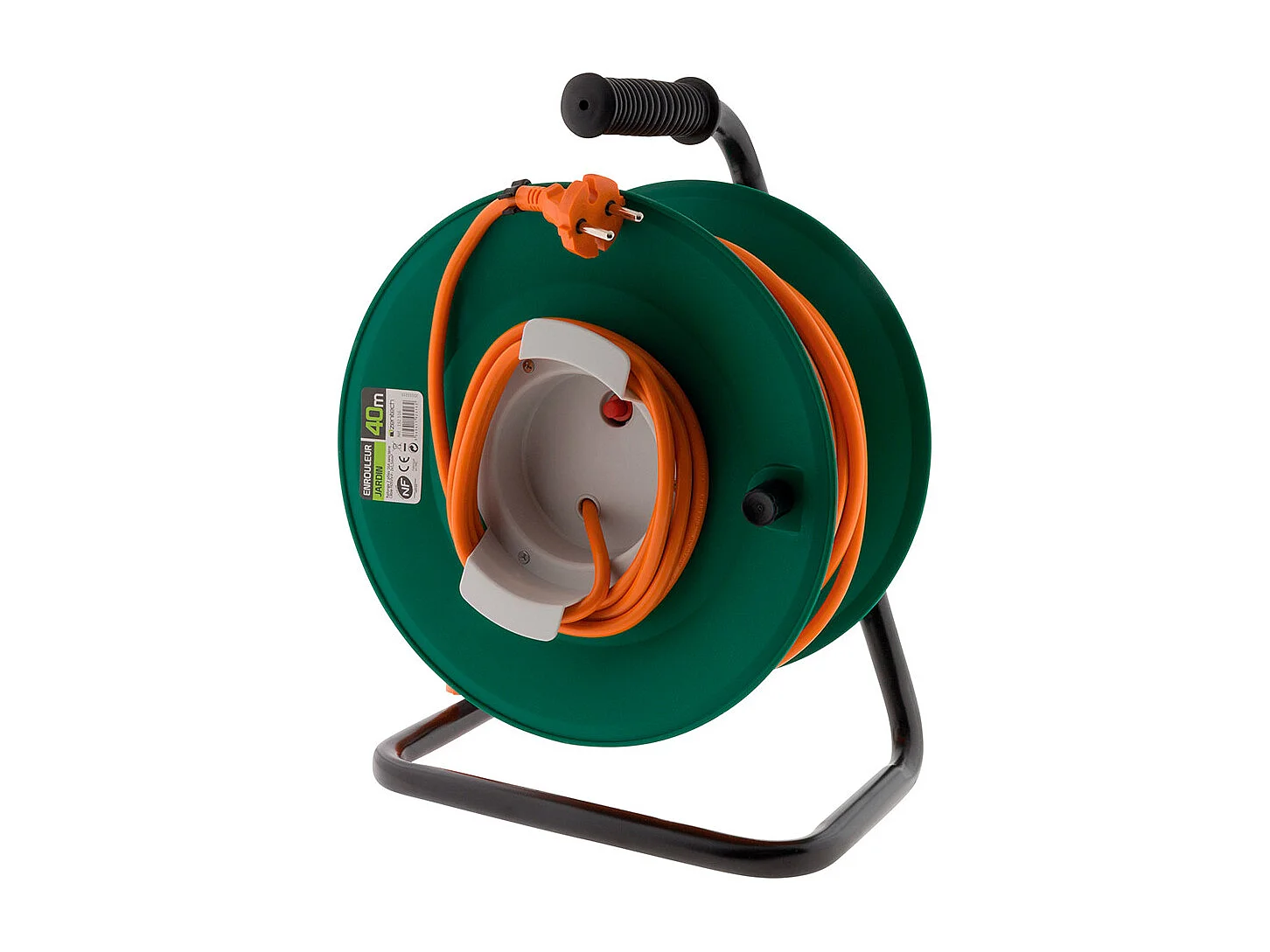 Enrouleur sans prise 2x1,5 mm² 40m pied métal + coupe circuit - Zenitech