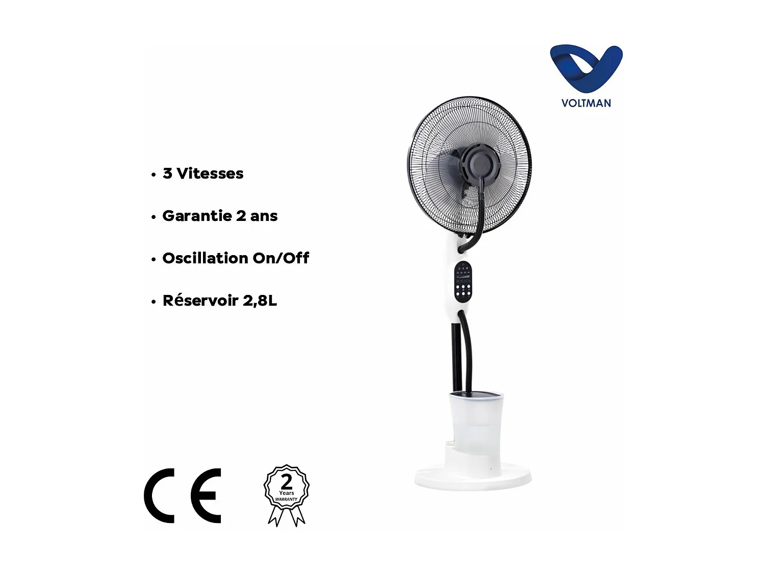 Ventilateur Brumisateur Silencieux et Oscillant - 75W - Blanc 40cm - 3 Vitesses - Voltman