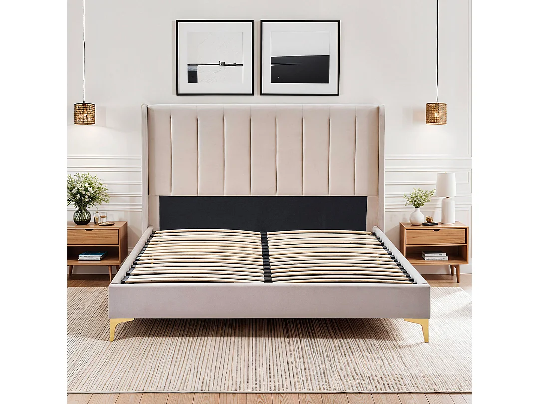 BELLECOUR LITERIE | Sommier avec tête de lit LAVEZZI 140x190 cm | Coloris Beige