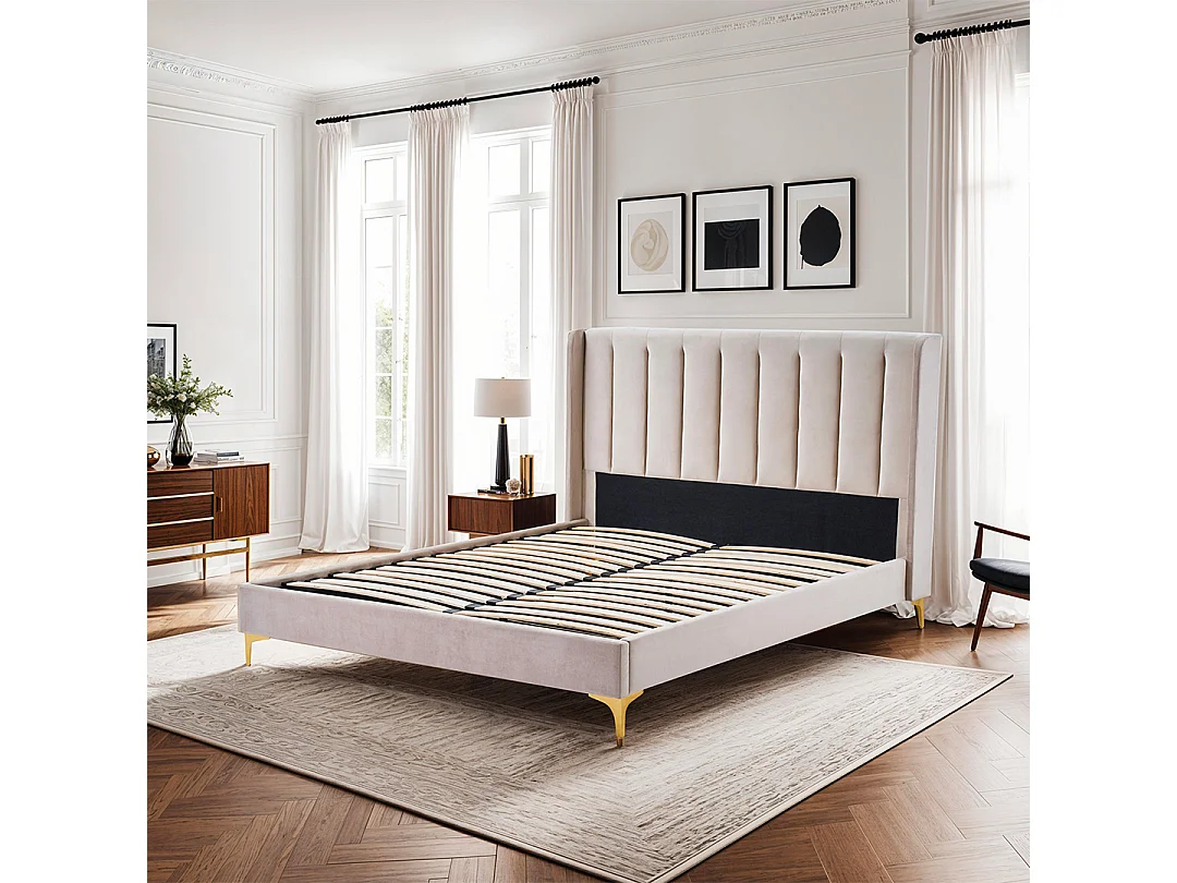 BELLECOUR LITERIE | Sommier avec tête de lit LAVEZZI 140x190 cm | Coloris Beige