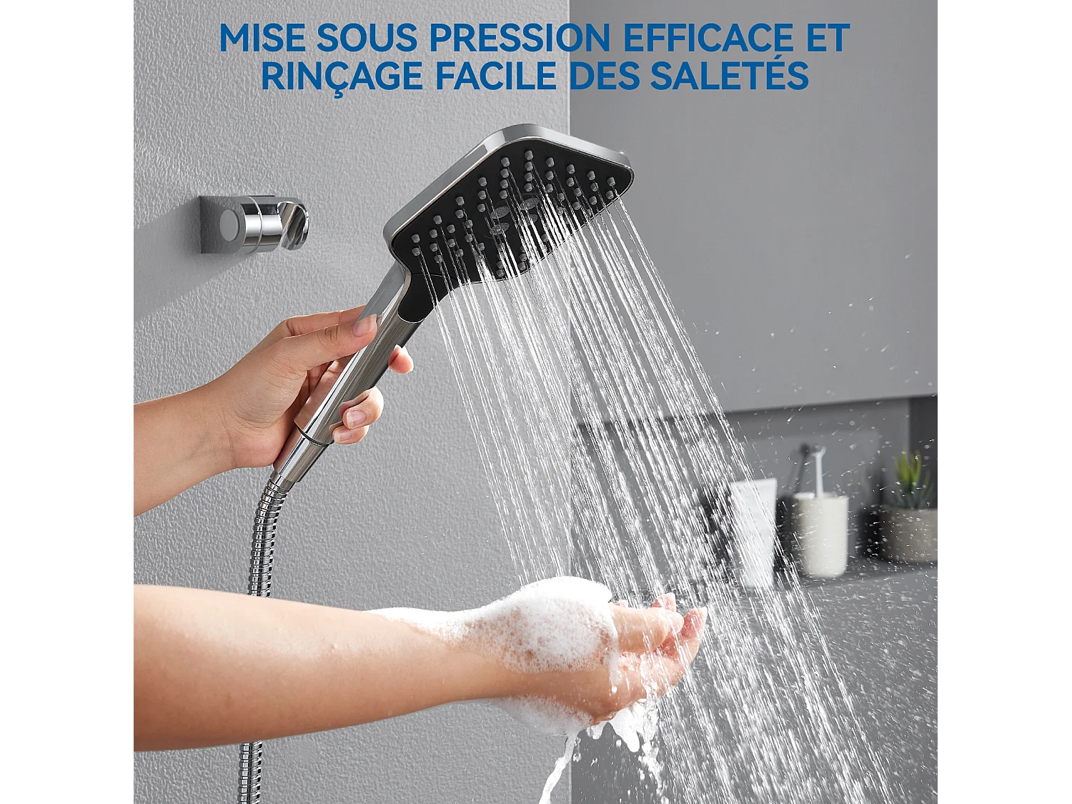 AURALUM MAX Pommeau de Douche Haute Pression,Avec 3 Modes de Jet,Pulvérisateur Douche Anti-Calcaire Pommeau,Économie d'Eau,Chromé+Noir(Pas de Tuyau)