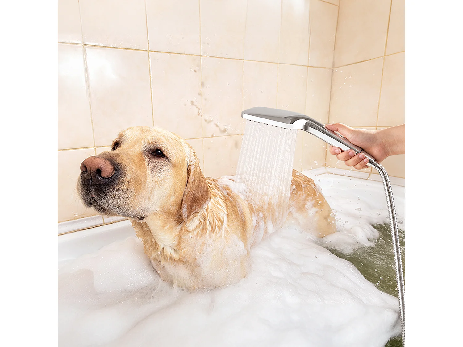 AURALUM MAX Hogedrukdouchekop + 1,5 m roestvrijstalen slang, met 3 straalmodi, anti-kalk douchespuit, verchroomd