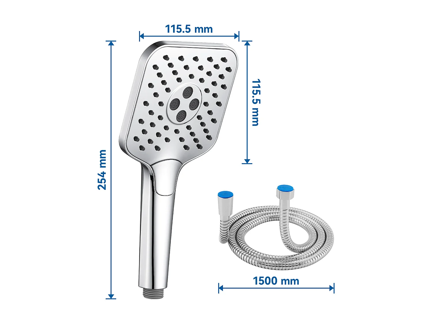 AURALUM MAX Hogedrukdouchekop + 1,5 m roestvrijstalen slang, met 3 straalmodi, anti-kalk douchespuit, verchroomd
