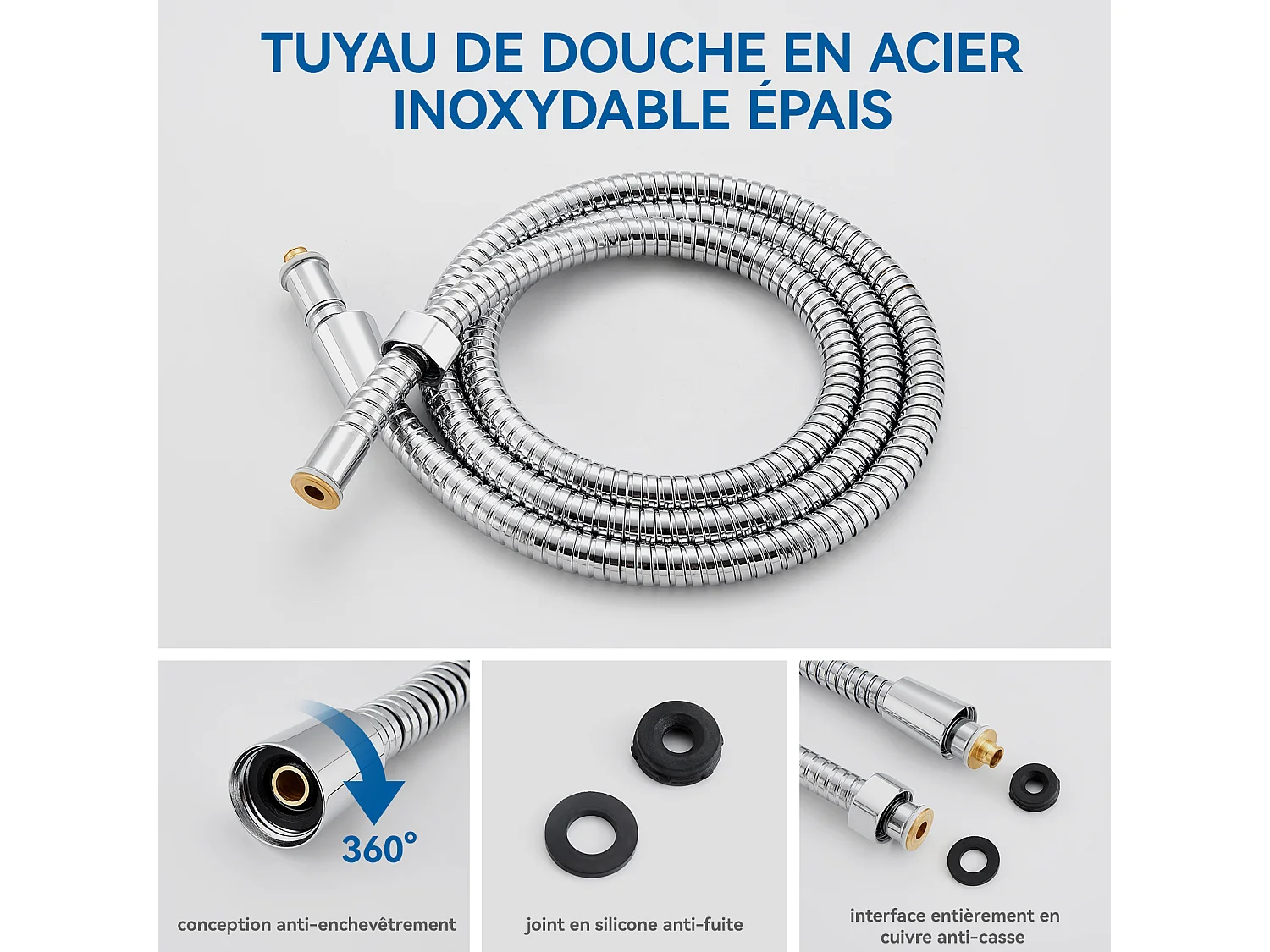 AURALUM MAX Hogedrukdouchekop + 1,5 m roestvrijstalen slang, met 3 straalmodi, anti-kalk douchespuit, verchroomd