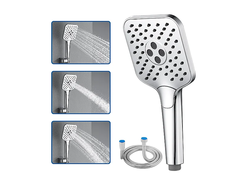 AURALUM MAX Pommeau de Douche Haute Pression+Tuyau de 1,5m en Inox,Avec 3 Modes de Jet,Pulvérisateur Douche Anti-Calcaire Pommeau,Chromé