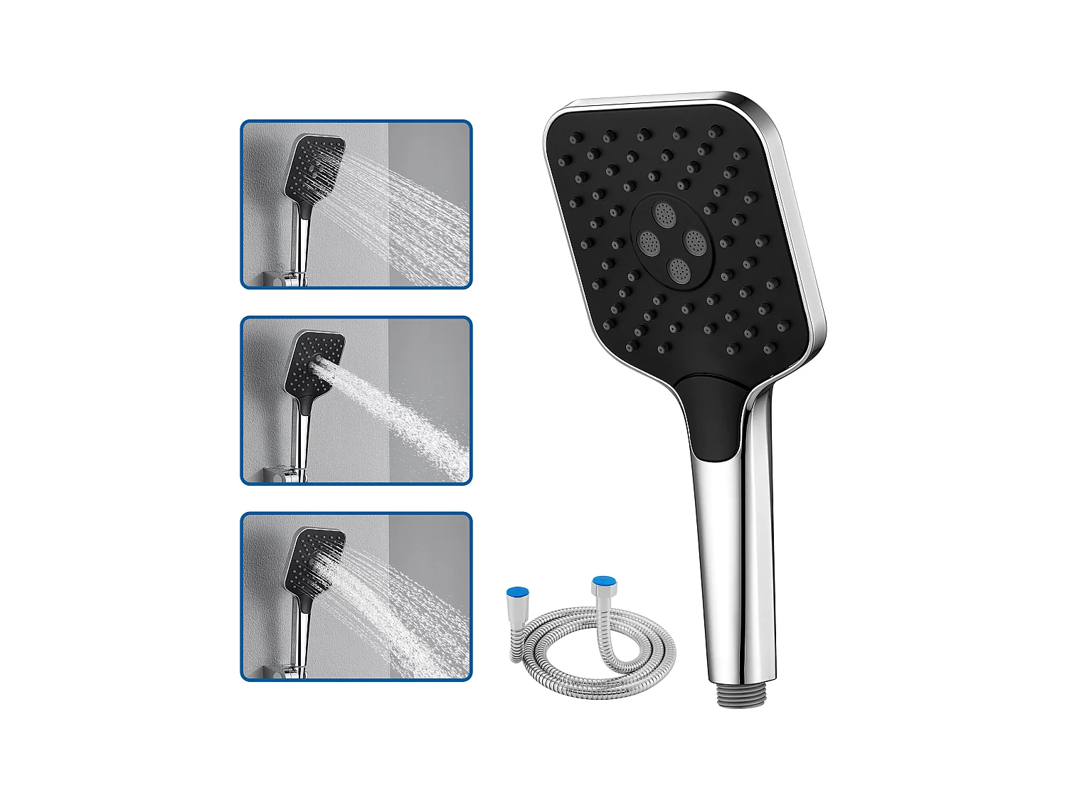 AURALUM MAX Pommeau de Douche Haute Pression+Tuyau de 1,5m en Inox,Avec 3 Modes de Jet,Pulvérisateur Douche Anti-Calcaire Pommeau,Chromé+Noir