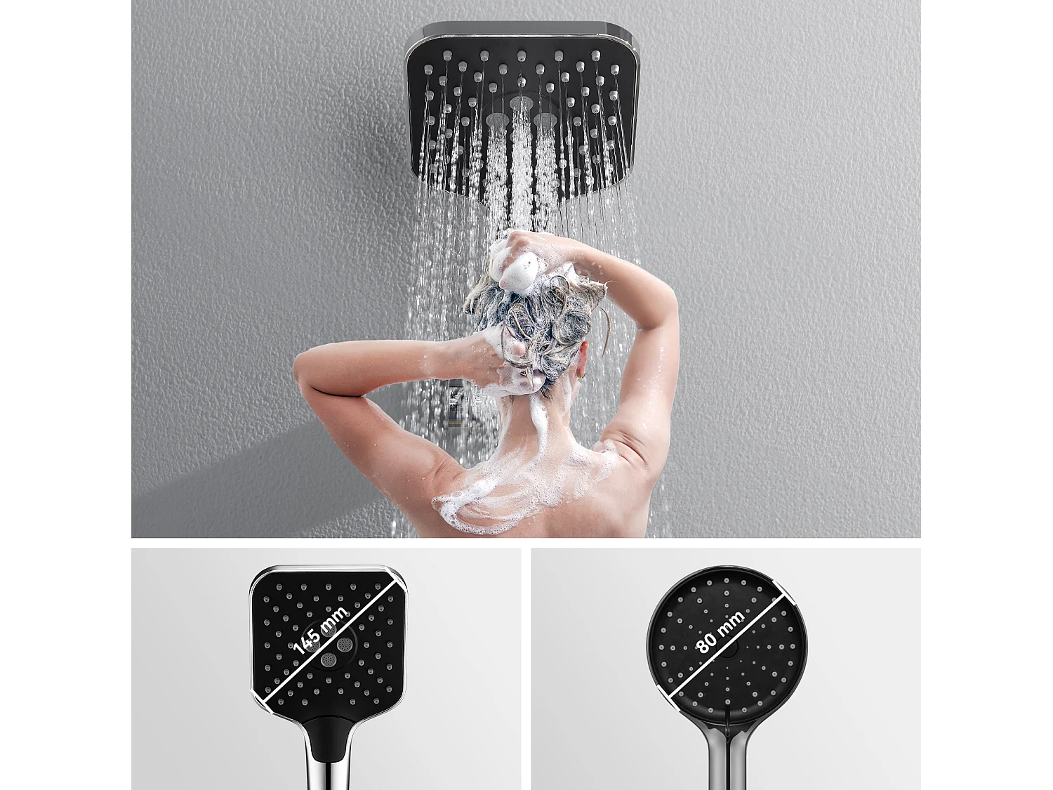 AURALUM MAX Pommeau de Douche Haute Pression+Tuyau de 1,5m en Inox,Avec 3 Modes de Jet,Pulvérisateur Douche Anti-Calcaire Pommeau,Chromé+Noir