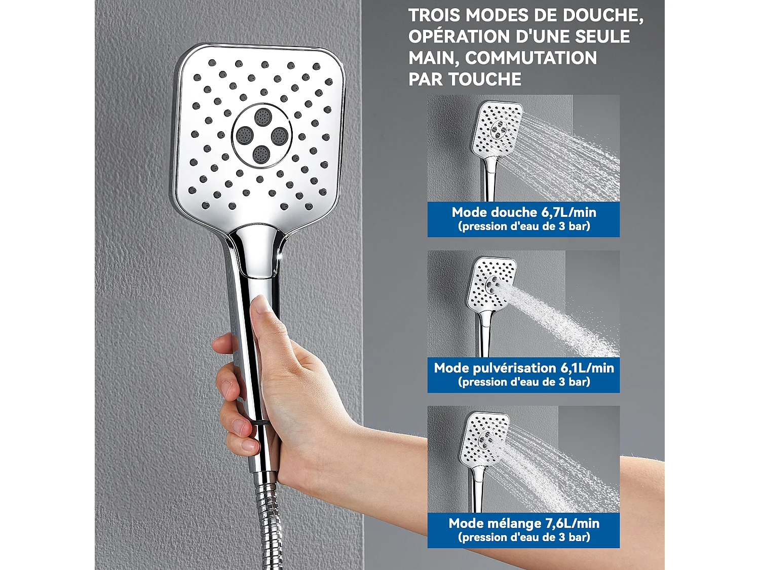 AURALUM MAX Pommeau de Douche Haute Pression,Avec 3 Modes de Jet,Pulvérisateur Douche Anti-Calcaire Pommeau,Chromé(Pas de Tuyau）