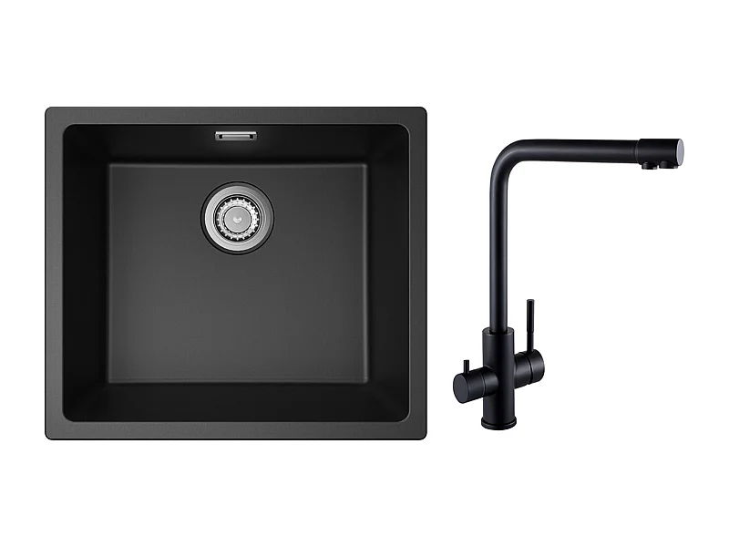 Einzelbecken aus Quarz- und Kunstharzspüle, 3 Montageoptionen, 50 x 44 x 20 cm + 3-Wege-Spültischmischer, 2 Hebel, schwarz