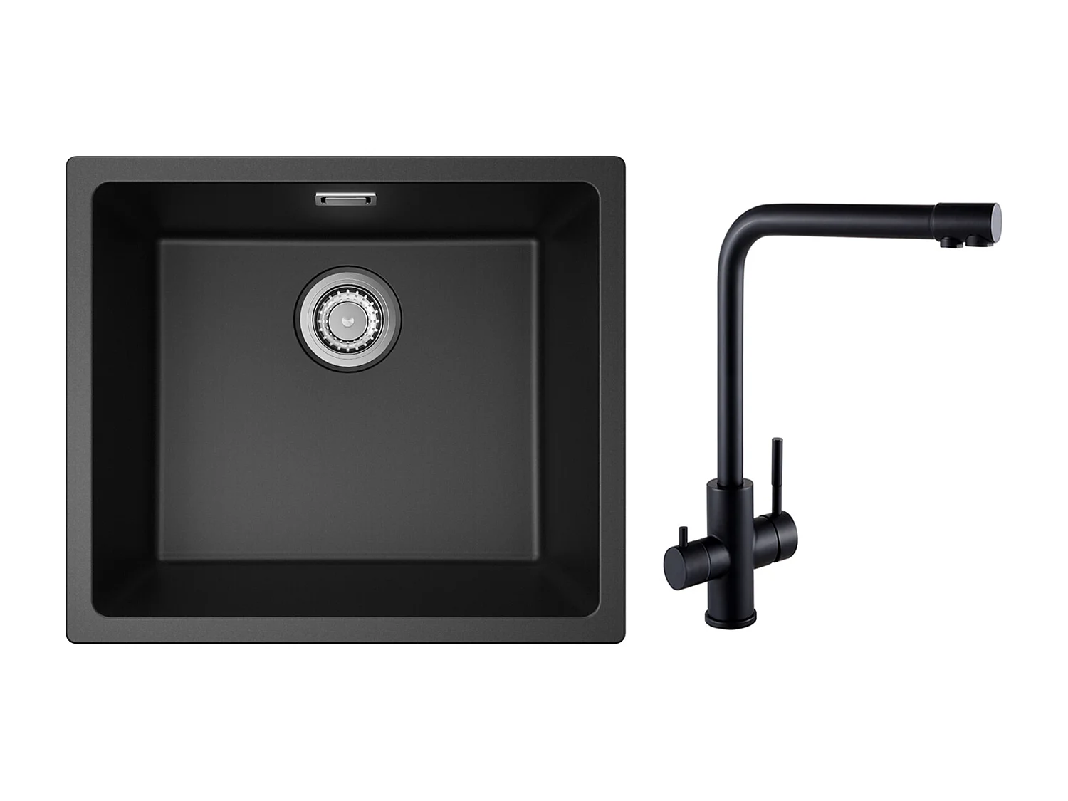 Evier 1 Bac en Quartz et Résine, 3 Options de Montage, 50*44*20cm + Mitigeur Evier à 3 Voies, 2 Leviers, Noir