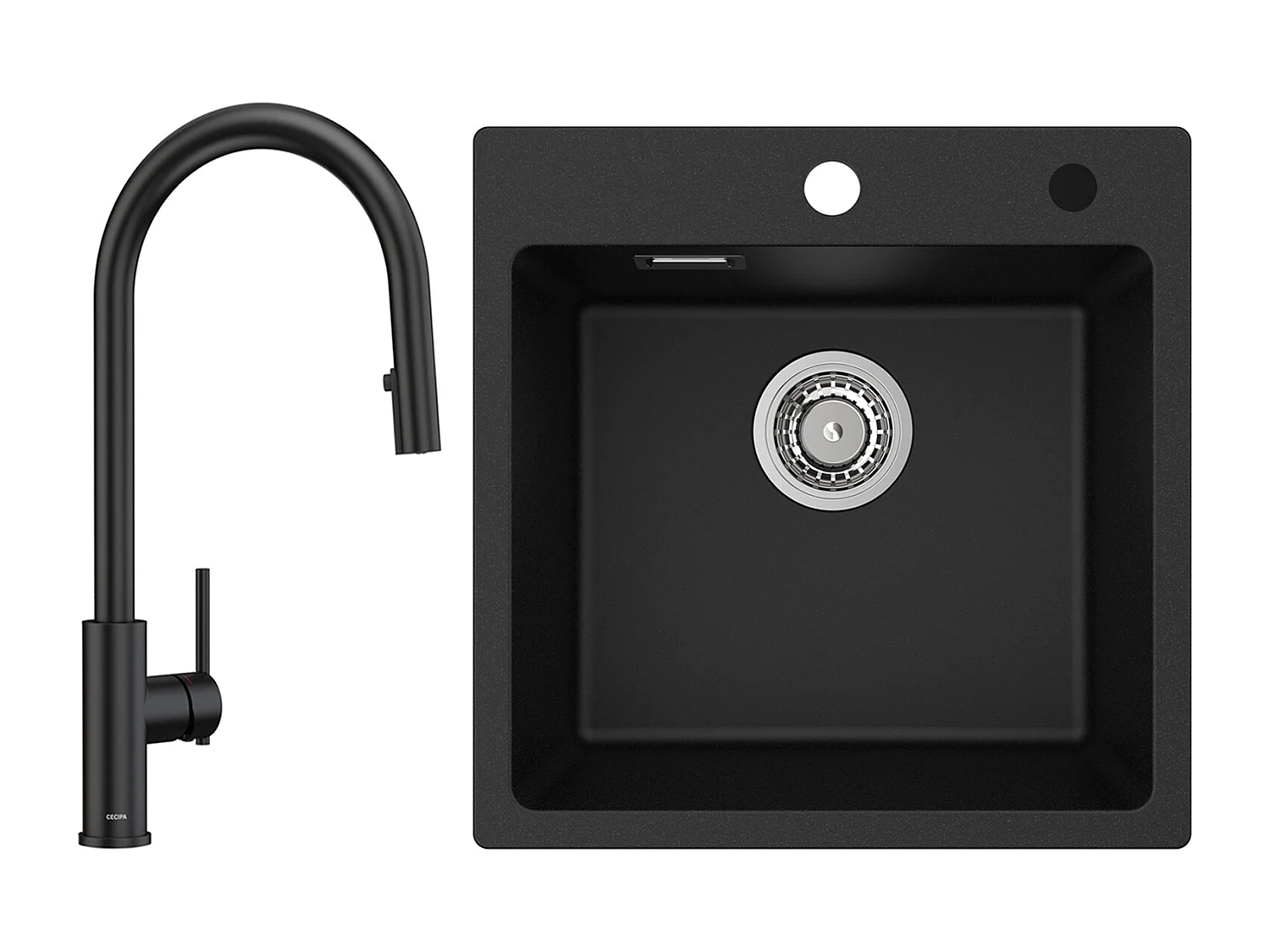 CECIPA MAX Evier Quartz Noir 45x45 cm Evier 1 Bac en Quartz et Résine + Mitigeur de Cuisine Avec Douchette Extractible, 2 Modes de Sortie D'eau, Noir