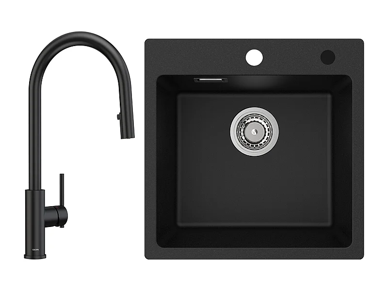 CECIPA MAX Evier Quartz Noir 45x45 cm Evier 1 Bac en Quartz et Résine + Mitigeur de Cuisine Avec Douchette Extractible, 2 Modes de Sortie D'eau, Noir