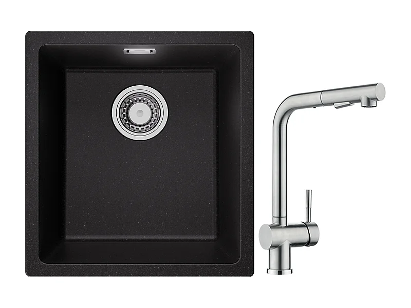 CECIPA MAX Evier 1 Bac en Quartz et Résine Noir Gris 40*44*20cm + Robinet Cuisine avec Douchette, Mitigeur Extractible Brossé