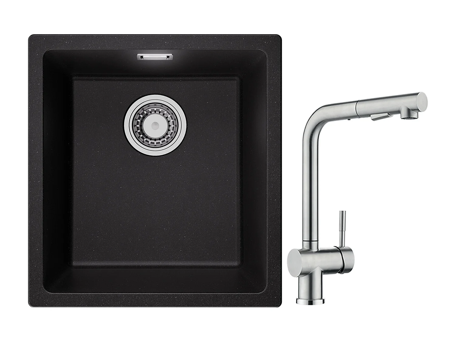 CECIPA MAX Evier 1 Bac en Quartz et Résine Noir Gris 40*44*20cm + Robinet Cuisine avec Douchette, Mitigeur Extractible Brossé