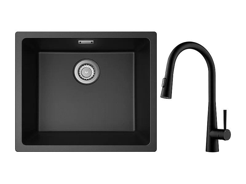 CECIPA MAX Evier 1 Bac en Quartz et Résine Noir Gris 50*44*20cm + Mitigeur de Cuisine avec Douchette Extractible Avec 3 Modes de Sortie D'eau Noir