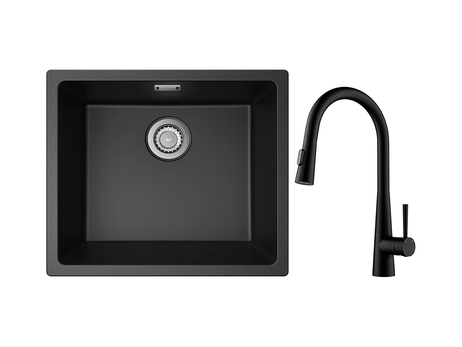 CECIPA MAX Evier 1 Bac en Quartz et Résine Noir Gris 50*44*20cm + Mitigeur de Cuisine avec Douchette Extractible Avec 3 Modes de Sortie D'eau Noir