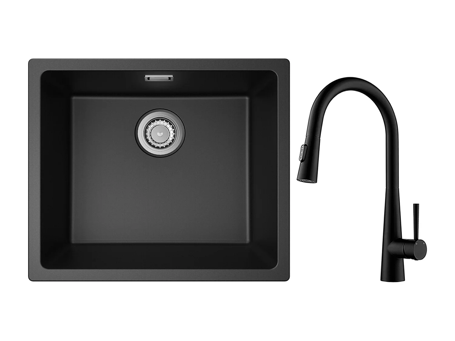 CECIPA MAX Evier 1 Bac en Quartz et Résine Noir Gris 50*44*20cm + Mitigeur de Cuisine avec Douchette Extractible Avec 3 Modes de Sortie D'eau Noir