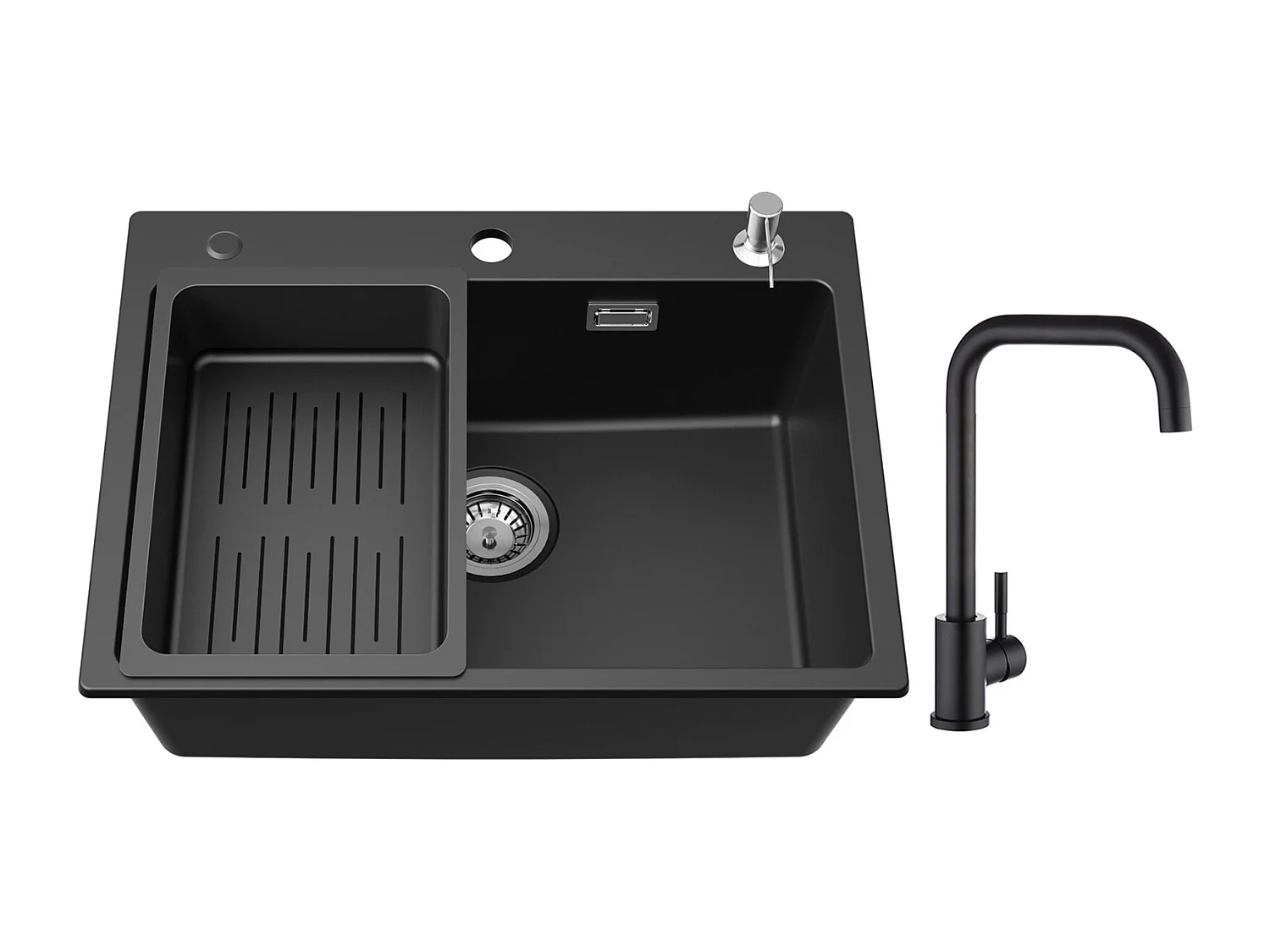 Lavello in Quarzo Nero e Resina con Cestello di Scarico e Dispenser di Sapone 60*45*20 cm + Miscelatore da Cucina in Acciaio Inox Nero