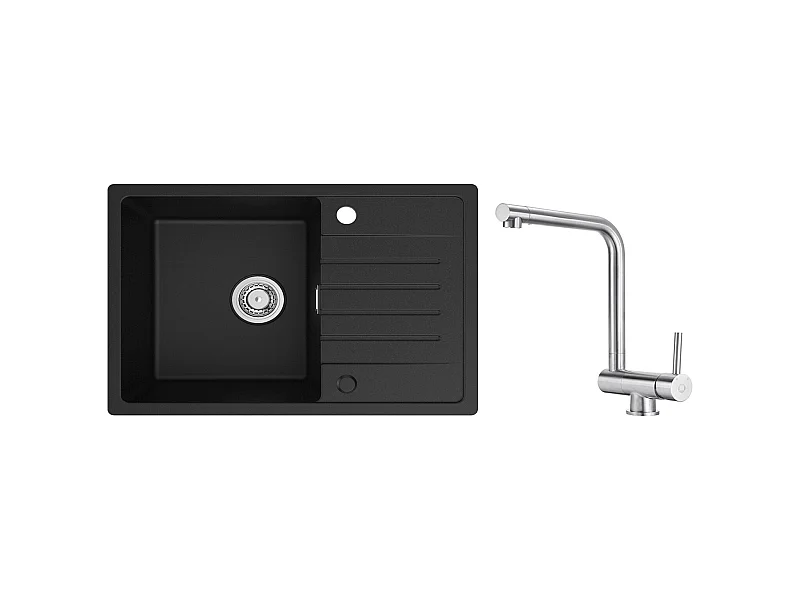 Einzelspüle aus Quarz und Kunstharz – schwarze Spüle mit Abtropffläche, 78 x 45 cm, gebürstete, klappbare Küchenmischbatterie