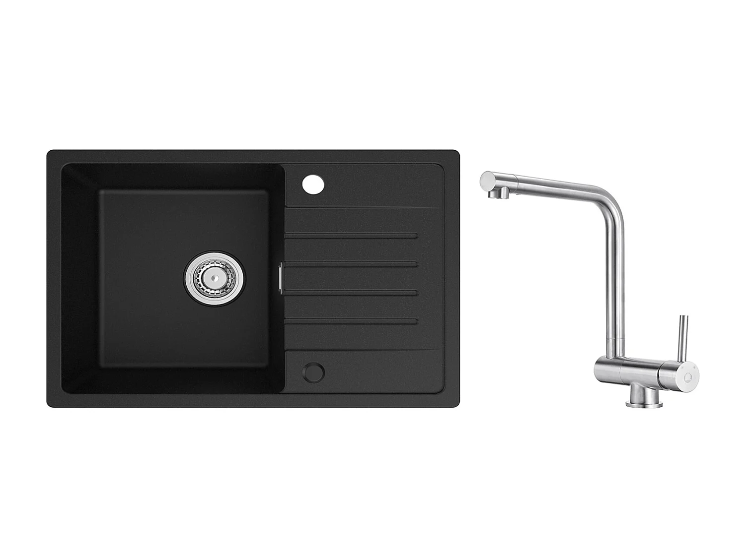 Einzelspüle aus Quarz und Kunstharz – schwarze Spüle mit Abtropffläche, 78 x 45 cm, gebürstete, klappbare Küchenmischbatterie