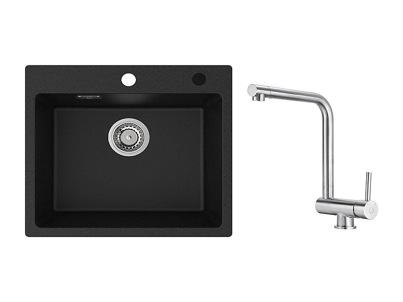 Cecipa MAX Evier 1 Bac 50x45cm Evier en Quartz et Résine Evier à Encastrer + Mitigeur de Cuisine Rabattable Brossé