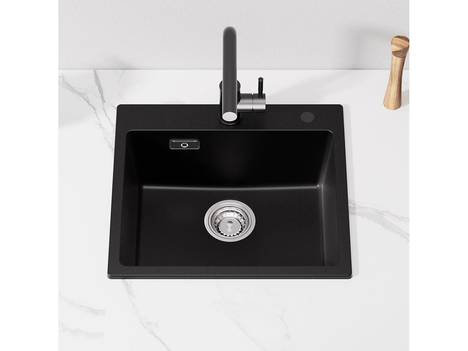 Cecipa MAX Evier 1 Bac 50x45cm Evier en Quartz et Résine Evier à Encastrer + Mitigeur de Cuisine Rabattable Brossé