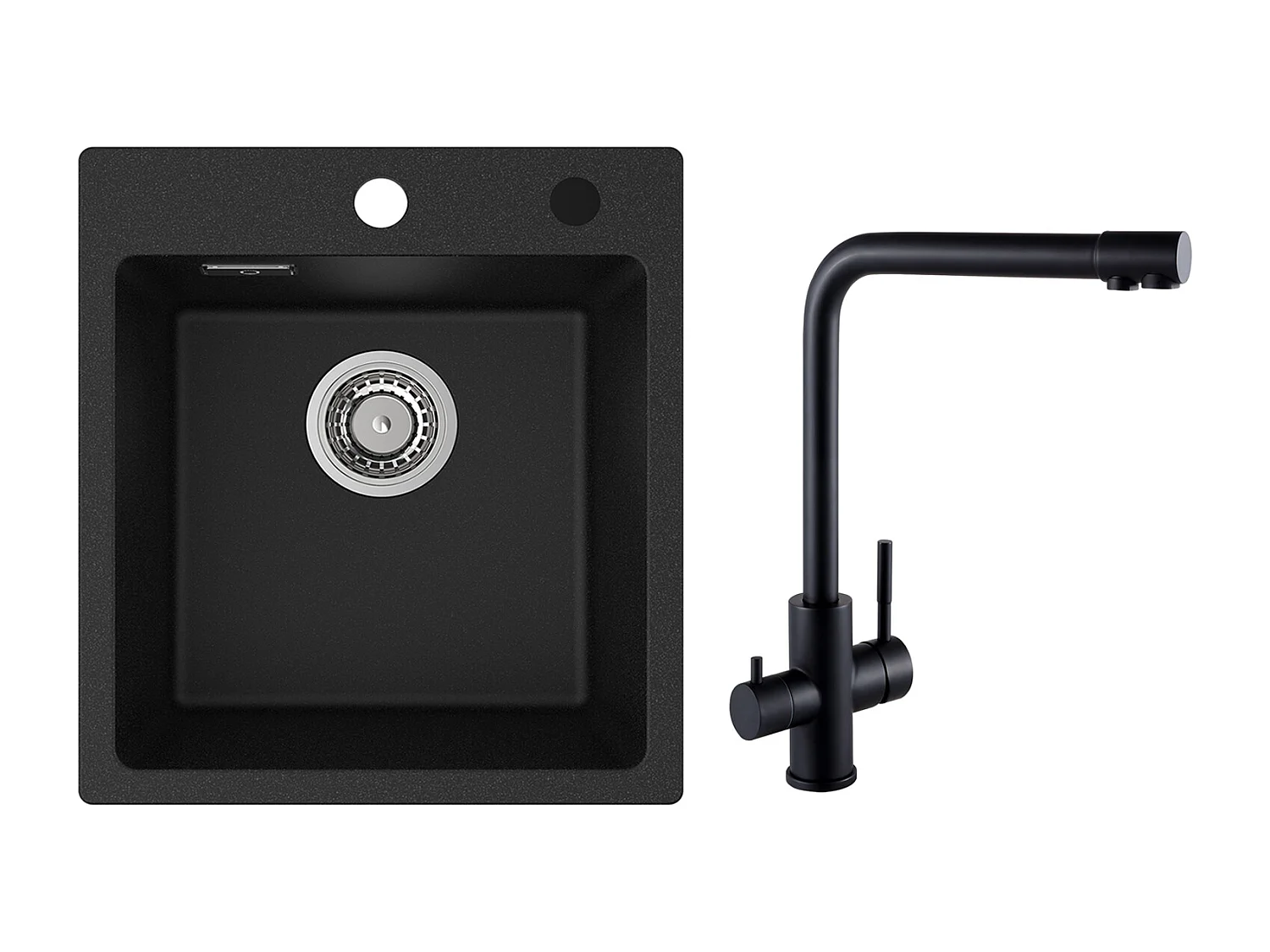 Cecipa MAX 40x45cm Noir Evier de Cuisine en Quartz et Résine Evier 1 Bac + Mitigeur Evier à 3 Voies, 2 Leviers, Noir