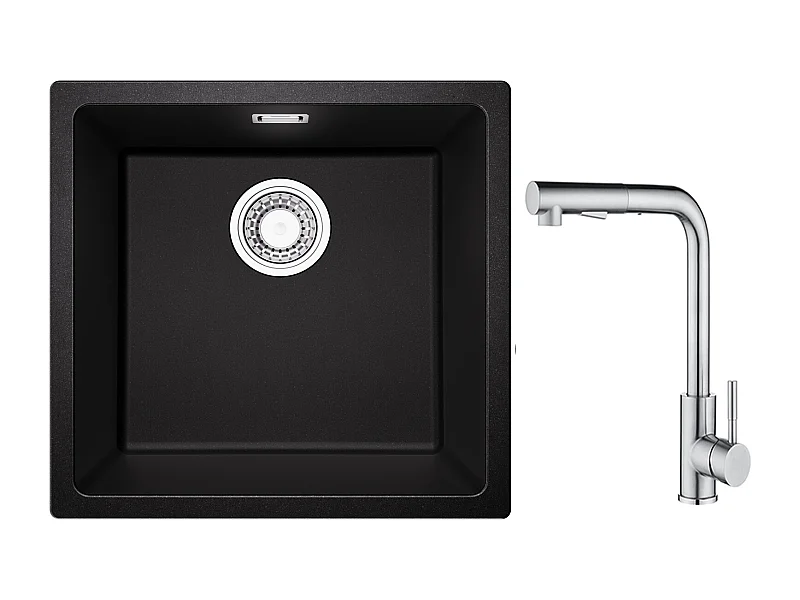 CECIPA MAX Einzelspüle aus Quarz und Kunstharz in Schwarzgrau 45*44*20cm + gebürstete Küchenmischbatterie mit ausziehbarer Brause - 2 Düsen zur Auswahl