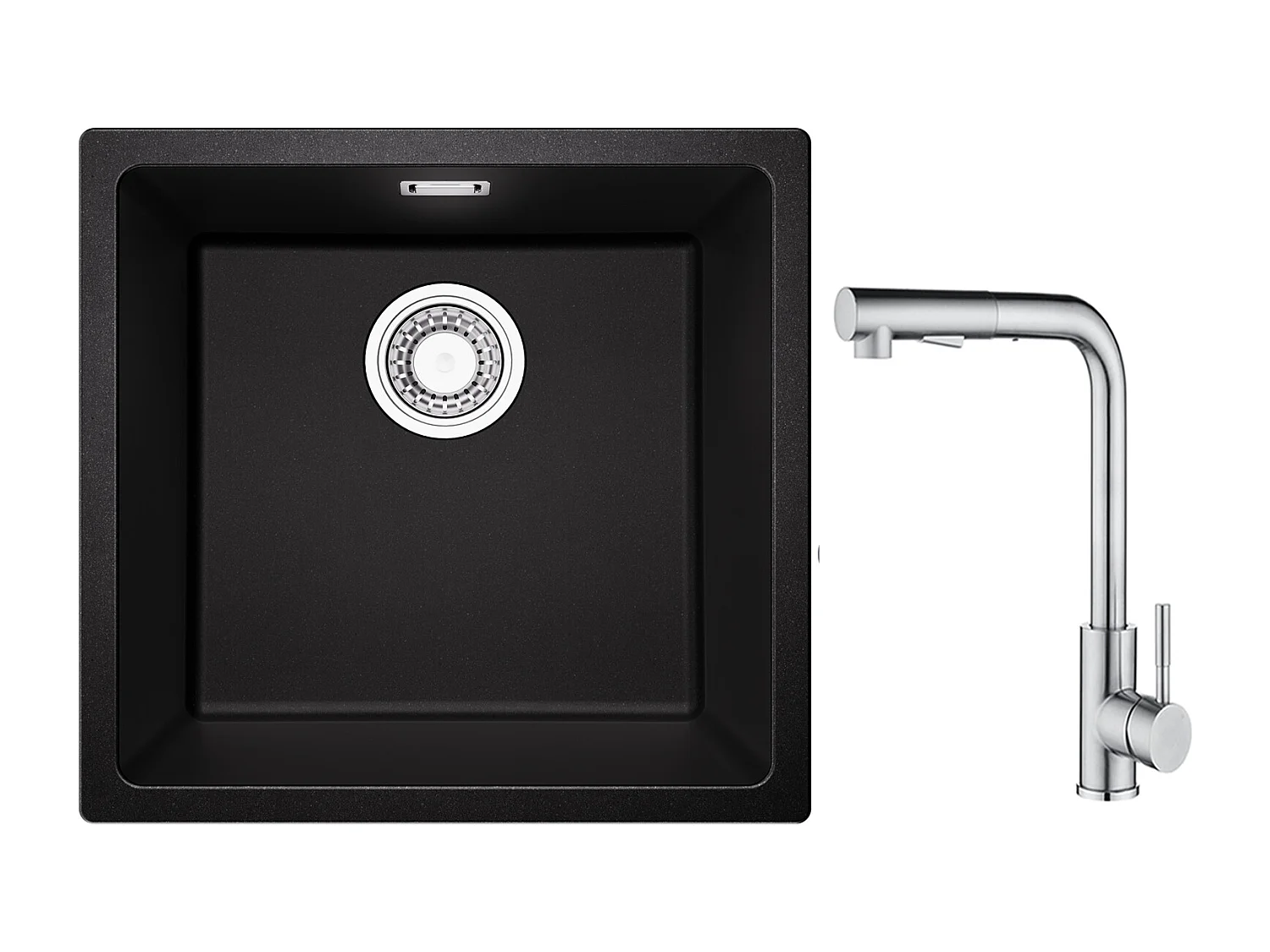 CECIPA MAX Evier 1 Bac en Quartz et Résine Noir Gris 45*44*20cm + Mitigeur Cuisine Brossé avec Douchette Extractible - 2 Jets aux Choix