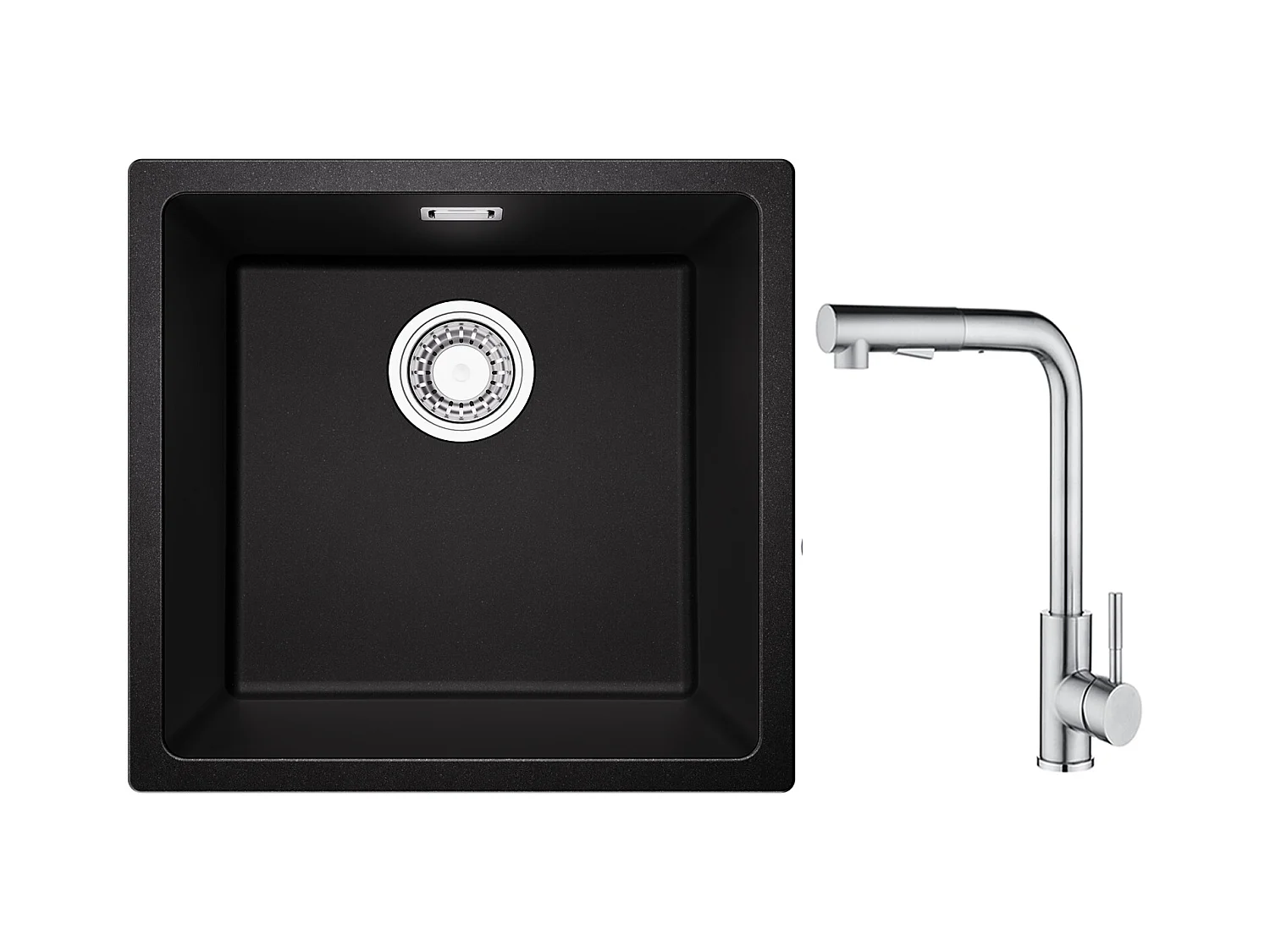 CECIPA MAX Evier 1 Bac en Quartz et Résine Noir Gris 45*44*20cm + Mitigeur Cuisine Brossé avec Douchette Extractible - 2 Jets aux Choix