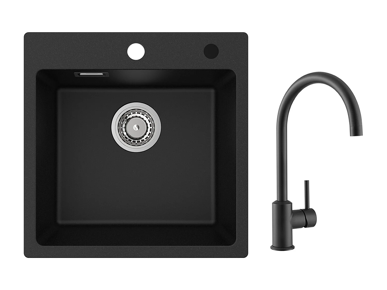 Cecipa MAX Evier 1 Bac en Quartz et Résine Noir 45x45cm Evier à Encastrer + Mitigeur de Cuisine en Inox Noir