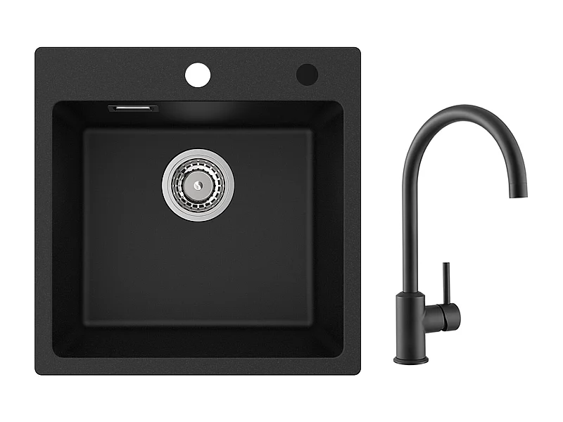 Cecipa MAX Einzelbecken aus Quarz und Kunstharz, Schwarz, 45 x 45 cm, Einbauspüle + Küchenmischbatterie aus schwarzem Edelstahl