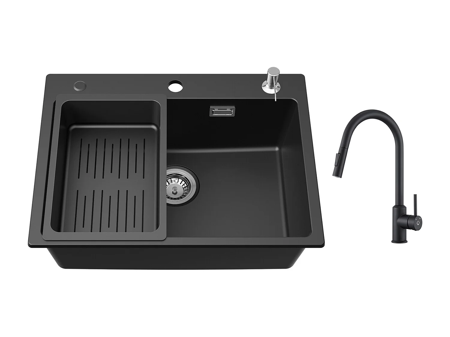 Cecipa max Evier en Quartz 60*45cm, avec Panier de Vidange et Distributeur de Savon Gratuits + Mitigeur de Cuisine avec Douchette Extractible Noir
