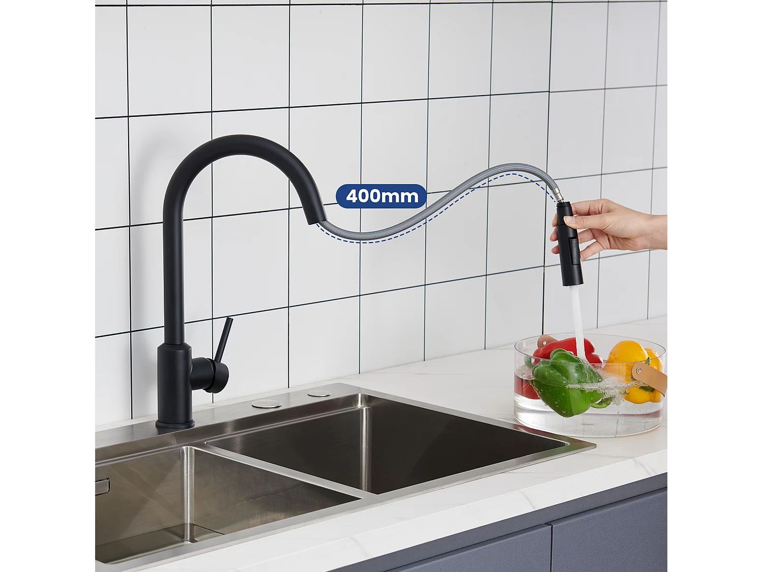 Cecipa max Evier en Quartz 60*45cm, avec Panier de Vidange et Distributeur de Savon Gratuits + Mitigeur de Cuisine avec Douchette Extractible Noir