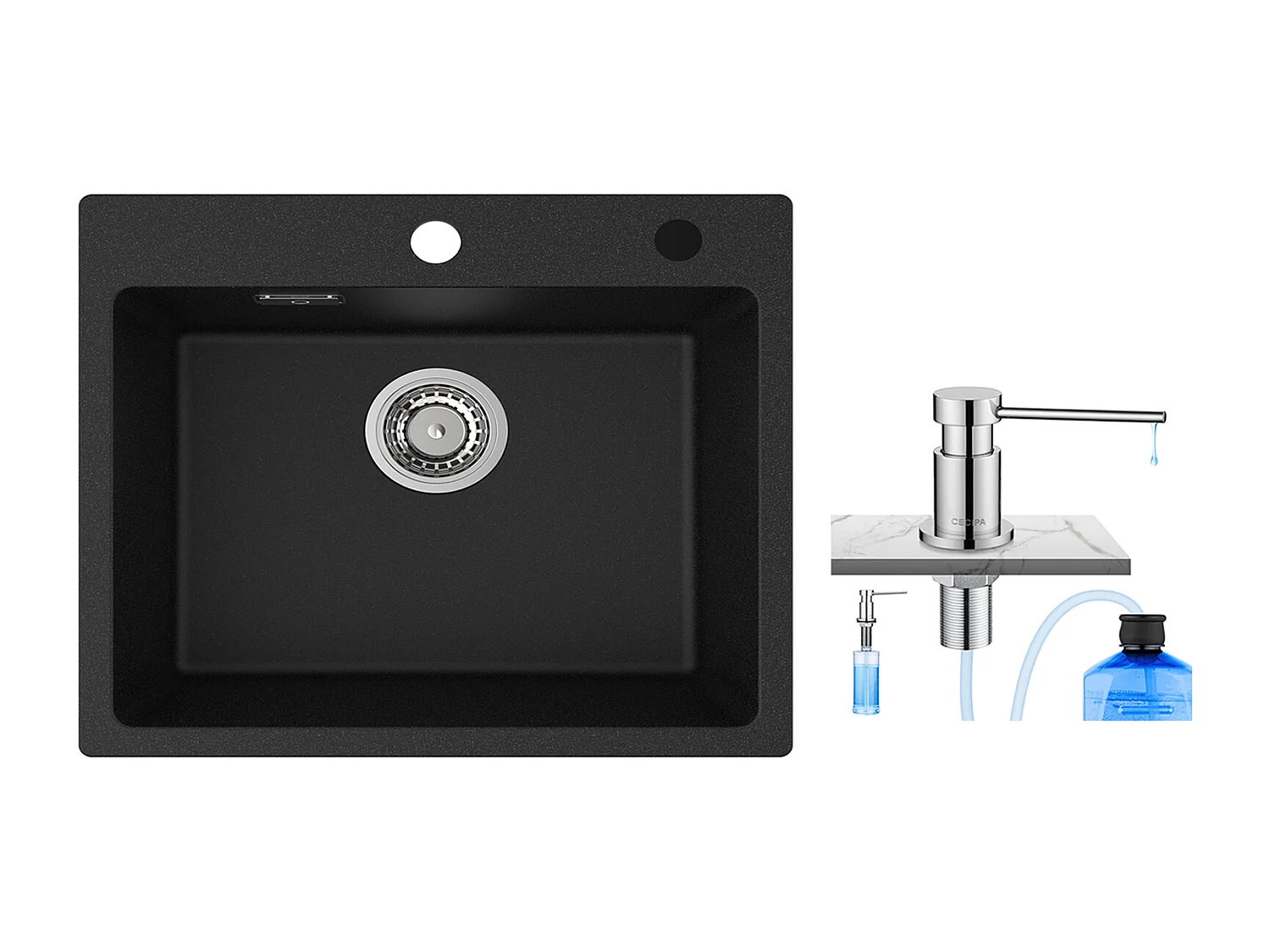 Cecipa MAX Evier 1 Bac 50x45cm Evier en Quartz et Résine Evier à Encastrer 1 cuve + 300ML Distributeur de Savon de Cuisine Chromé