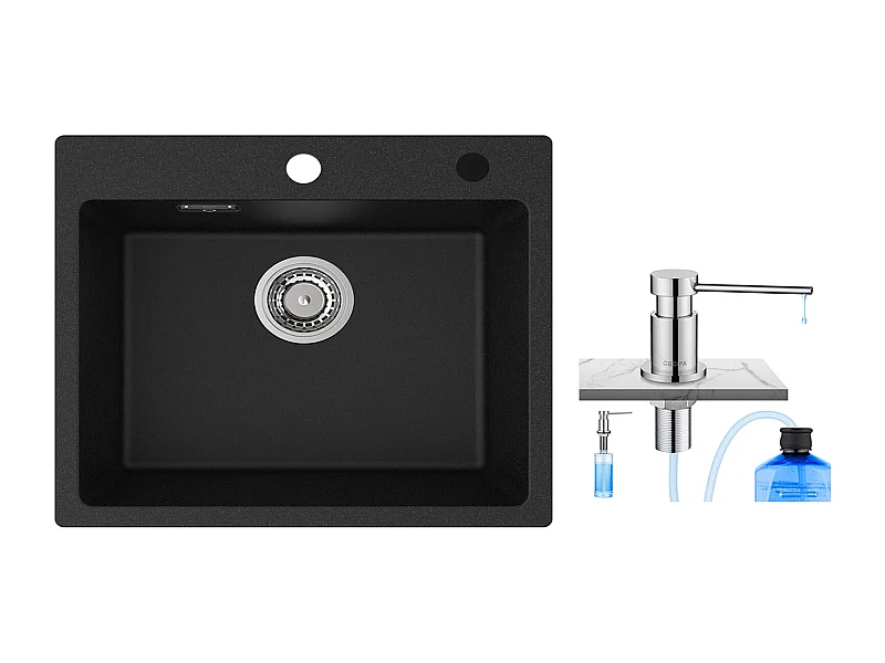 Cecipa MAX Evier 1 Bac 50x45cm Evier en Quartz et Résine Evier à Encastrer 1 cuve + 300ML Distributeur de Savon de Cuisine Chromé