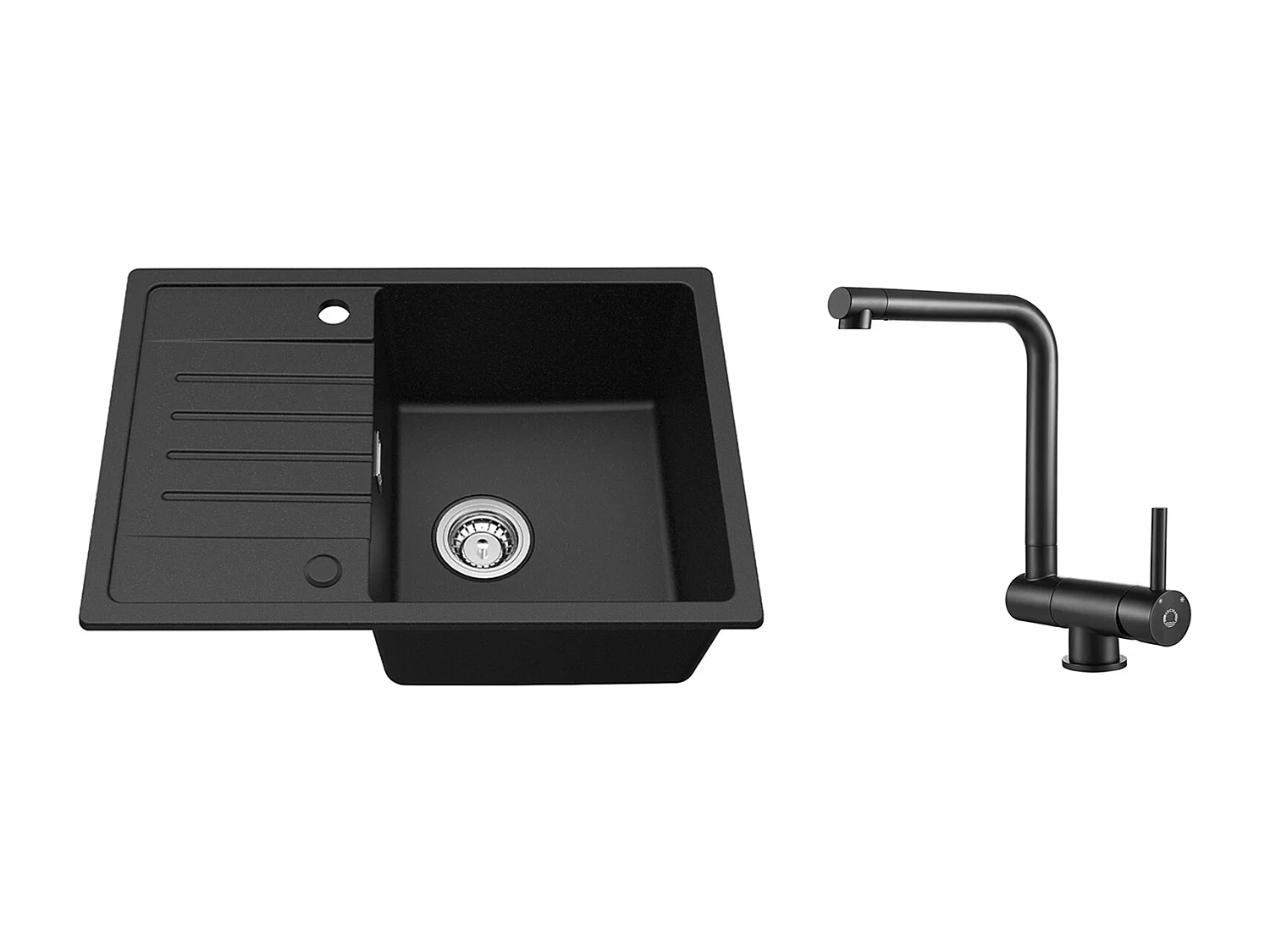 Noir Evier à Encastrer 1 Bac avec Egouttoir, Quartz et Résine, 65x45cm + Mitigeur de Cuisine Rabattable Noir